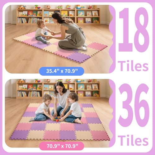 Foam Play Mat, EVA Non-Toxic Interlocking Floor Mats | Tamiplay, ASTM & CPSIA Passed, 11.8 x 11.8″, 0.4″ thick, Non-slip & Waterproof, Easy to clean, Easy Assemble - color: Pink/Beige/Purple, size: 36 Pcs/70.8*70.8