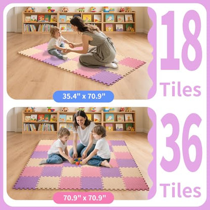 Foam Play Mat, EVA Non-Toxic Interlocking Floor Mats | Tamiplay, ASTM & CPSIA Passed, 11.8 x 11.8″, 0.4″ thick, Non-slip & Waterproof, Easy to clean, Easy Assemble - color: Pink/Beige/Purple, size: 36 Pcs/70.8*70.8