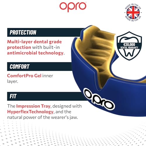 OPRO Instant Custom-Fit Mouthguard – Dentist Level Gum Shield Adult and Kids – OPRO Mouth Guard Boxing and MMA, Self-Fit Gum Shield Rugby – Maximum Protection with Dental Warranty (Dark Blue/Green) - color: Dark Blue/Gold, size: Youth (Under 10)