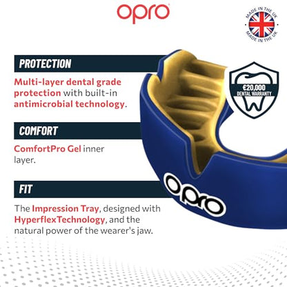 OPRO Instant Custom-Fit Mouthguard – Dentist Level Gum Shield Adult and Kids – OPRO Mouth Guard Boxing and MMA, Self-Fit Gum Shield Rugby – Maximum Protection with Dental Warranty (Dark Blue/Green) - color: Dark Blue/Gold, size: Youth (Under 10)