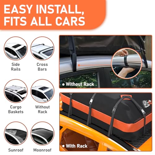 Asinking Car Roof Bag Rooftop top Cargo Carrier Bag 15 Cubic feet Waterproof for All Cars with/Without Rack, Includes Anti-Slip Mat, 10 Reinforced Straps, 6 Door Hooks, Luggage Lock - size: 15 Cubic Feet