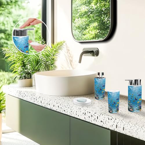 Bathroom Accessory Set 6 Piece Fish Snorkeling Sea Bahamas Underwater Hawaii Islands Aquarium Fishing Trash can, Toothbrush Holder, Toothbrush Cup, Soap Dispenser, Soap Dish, Toilet Brush Holder - color: Color1