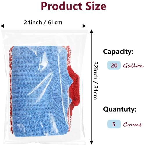 Extra Large Plastic Bags With Zipper Top, 24x32in,3-Mil Thick,5 Pack,Storage Bags for Clothes,Travel, Moving, Reusable,Heavy-Duty,BPA-Free, Clear Plastic - size: 24x32in