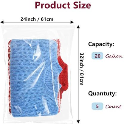 Extra Large Plastic Bags With Zipper Top, 24x32in,3-Mil Thick,5 Pack,Storage Bags for Clothes,Travel, Moving, Reusable,Heavy-Duty,BPA-Free, Clear Plastic - size: 24x32in