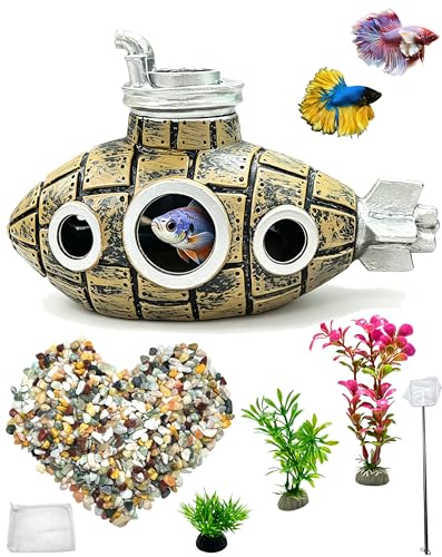 Aquarium Decor Set for Small Desktop Tanks, Includes Submarine Hide Cave, Artificial Plants, Stones & Fish Net, All-in-One Decorations Accessories for Betta, Shrimp & Cichlids