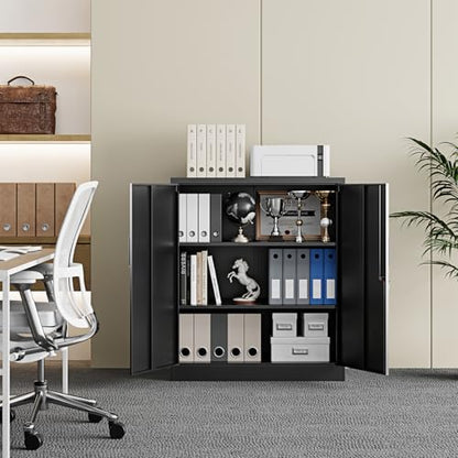Metal Garage Storage Cabinet with 2 Doors and 2 Adjustable Shelves - 35.5" Steel Lockable File Counter Cabinet for Home Office,Garage,Gym,School（Black）