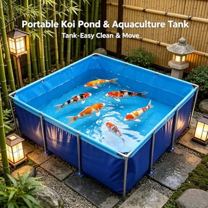 GZHERVICES Above-Ground Fish Pond (with Steel Frame and Drain Valve), Canvas Fish Pond, PVC Koi Tank, Suitable for Koi Breeding and Irrigation Water Storage (Blue)(1.5x1x0.7m) - size: 1.5x1x0.7m