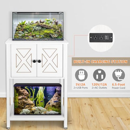 5-10 Gallon Fish Tank Stand, Heavy Duty Aquarium Stand with Cabinet & Power Outlets for Fish Tank Accessories Storage, Double Reptile Terrarium Stand 20.5" L* 11" W Tabletop, White