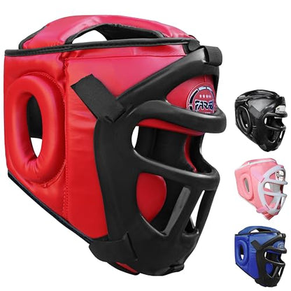 Farabi Sports Boxing Headgear Grill Head Gear MMA Training Kickboxing Sparring Gear Removable Front Bar Grill - color: Red, size: Small