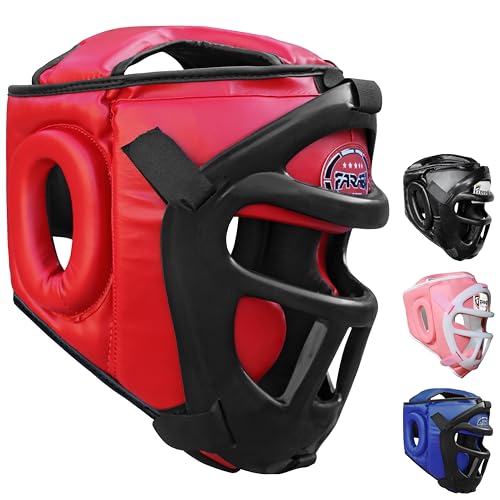 Farabi Sports Boxing Headgear Grill Head Gear MMA Training Kickboxing Sparring Gear Removable Front Bar Grill - color: Red, size: Large