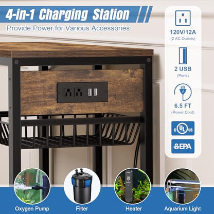 20 Gallon Fish Tank Stand with Power Outlet, Metal Aquarium Stand with Adjustable Shelves and Pull Out Wire Tray, Ample Storage for Fish Tanks Accessories, Reptile Tank Stands, Brown