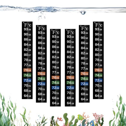 Adhesive Fish Tank Thermometer Strip Aquarium Thermometer Sticker Display 64-93 ℉ (18-34 ℃) Brewing Thermometer Test Strip 6 PCS - size: 5.12" x 0.71"