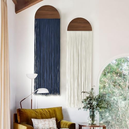 2 Pcs Macrame Wall Hanging Fiber Wall Art Boho Fringe Wall Decor Handmade Modern Textile Tapestry for Living Room Bedroom Apartment Scandinavian Home Decor 13.7" W x 51" L - color: Blue and Ivory
