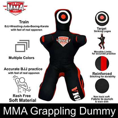 Kids Grappling Standing Dummy - Unfilled – Wrestling, Jiu-Jitsu, MMA Training Dummy with Moveable Arms and Legs – Durable Polyester Fabric - color: Black-Sit, size: 6 ft-72 Inch