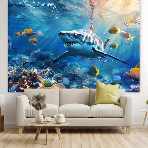 7x5FT Underwater Shark Backdrop Tropical Ocean World Coral Reef Photo Background Blue Sea Fish Aquarium Party Banner Kids Birthday Photography Summer Pool Party Wall Decor Supplies