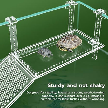 Hanging Turtle Dock Turtle Tank Accessories Adjustable, Large Basking Platform with Freely Installable Climbing Ramps for Aquatic Turtles Sturdy, Wobble-Free Design in Acrylic Material (15") - size: 15 x 8.1 Inch