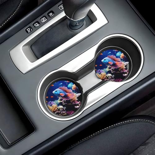 Coral Reef Fish Aquarium Ceramic Car Coasters 2 Pack 2.56 in, Absorbent Insert Cupholder Coaster Car Cup Holder Mat with Finger Notch Non-Slip Cork Base Reusable Drink Coasters