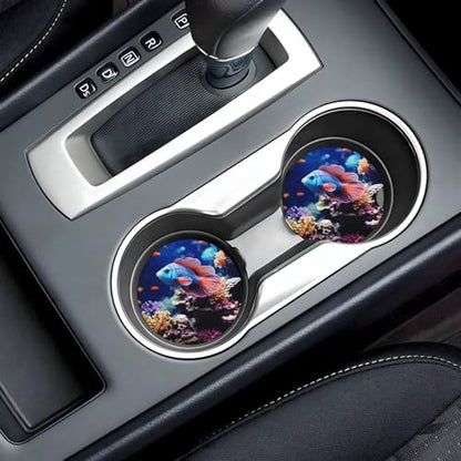 Coral Reef Fish Aquarium Ceramic Car Coasters 2 Pack 2.56 in, Absorbent Insert Cupholder Coaster Car Cup Holder Mat with Finger Notch Non-Slip Cork Base Reusable Drink Coasters