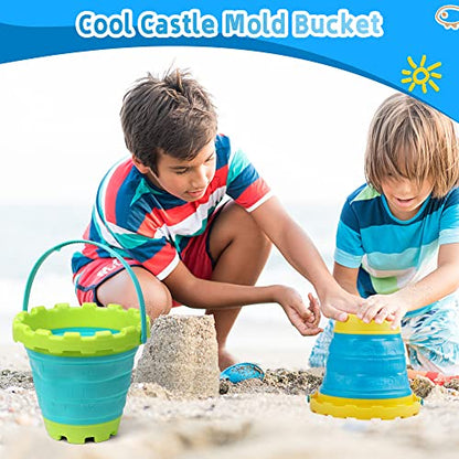 Jumbo Sand Beach Bucket Toys for Kids, Large Fodable Bucket with Mesh Bag, Silicon Travel Collasible Pail Toys For Sand Snow Fun, Sanbox Toy Garden Tools Perfect for Beach Snow Backyard Gifts 3 PACK - style: Fang