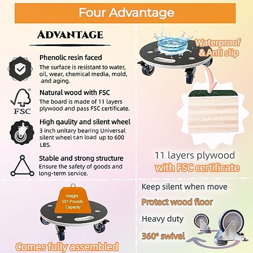 15-Inch Round Wood Platform Dolly with TPR Silent 2" Wheel with 2 Brake +2 Without, 551-lb Load Capacity Heavy Duty Wood Furniture Dolly, Multifunctional Movers Carrier,Plant Dolly, Two Pack - size: 2 pack Round Dolly with TPR brake wheel