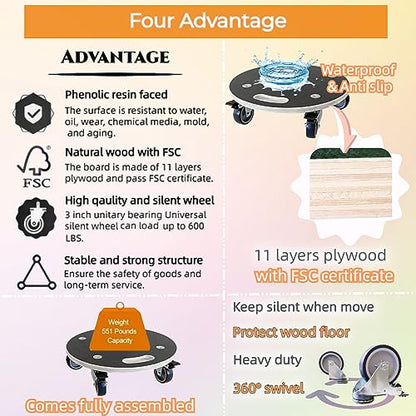 15-Inch Round Wood Platform Dolly with TPR Silent 2" Wheel with 2 Brake +2 Without, 551-lb Load Capacity Heavy Duty Wood Furniture Dolly, Multifunctional Movers Carrier,Plant Dolly, Two Pack - size: 2 pack Round Dolly with TPR brake wheel