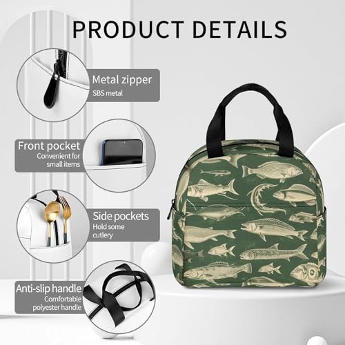 Lunch Bag Lnsulated Lunch Box Lunch Containers Retro Fish Printed Reusable Lunch Tote Bags for Women And Men Work, Travel, Outdoor
