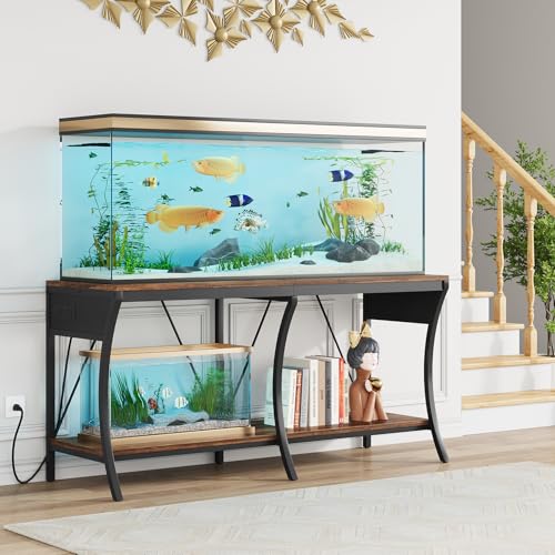 55-90 Gallon Fish Tank Stand, Metal Aquarium Stand, Power Outlets - color: Brown and Black