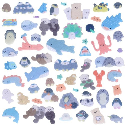 Cute Kawaii Sea Creature Stickers – Soft Flocked Felt 3D Sticker with Lobster,Penguins,Seals,Otters,Sharks & Whales – Textured Stickers for Adults,Scrapbooking & Planner Decor, 6 Sheets