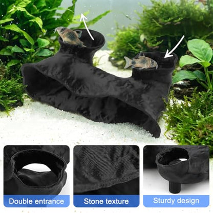 Dual-Entrance Rock-Texture Cave, Aquarium Cave Fish Tank Shelter with Fish Tunnel for Swimming & Hiding Aquarium Decor Shelter for Betta, Shrimp & Snails