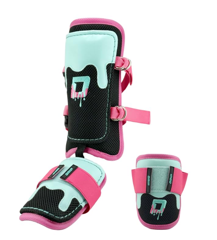 Youth Baseball Shin and Elbow Guard Set, Pink/Aqua/Black, Adjustable Straps, Lightweight, Breathable Mesh Lining - size: Youth Small/Medium