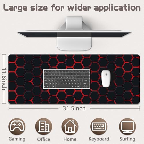 Gaming Mouse Pad - (31.5"×11.8") Honeycomb Large Mouse Pads for Desk - Desk Mat for Keyboard and Mouse with Non-Slip Base, Desks Pad Matfor Game/Office & Home（Black and Red） - color: Black and Red