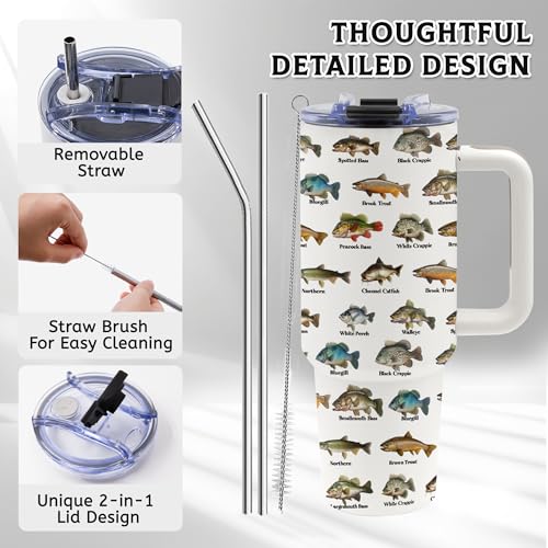 Fishing Coffee Mug, Fish Gifts for Dad, 40oz Tumbler, Fishing Gifts for Men with Handle and Straw, Christmas, Thanksgiving, Birthday Gifts for Fisherman, Party Supplies, Stainless Steel Cup