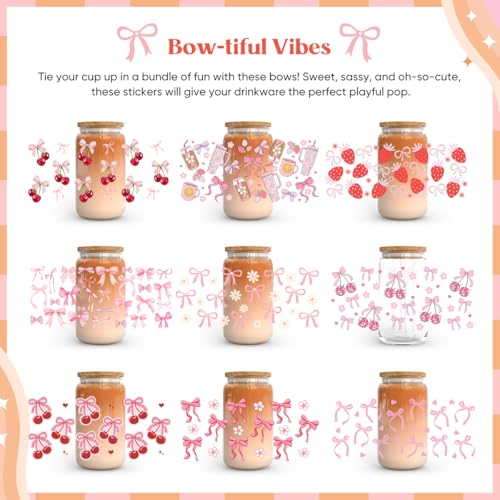 10 Sheets UV DTF Cup Wraps for 16 oz-Bow Theme UV DTF Stickers, 1 Sheet Mysterious Pattern Transfer, Rub on Transfers Stickers for 16 oz Libbey Glasses Crafting