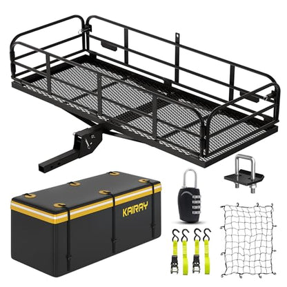 KAIRAY 500 Lbs Heavy Duty Hitch Mount Cargo Carrier 60"x24"x14.4" Folding Rear Luggage Rack Basket Fits 2" Receiver for Car SUV Camping Traveling with Stablizer Waterproof Bag Net Ratchet Straps Lock - size: Cargo Bag + Hitch Cargo Basket - 60" x 24" x 14
