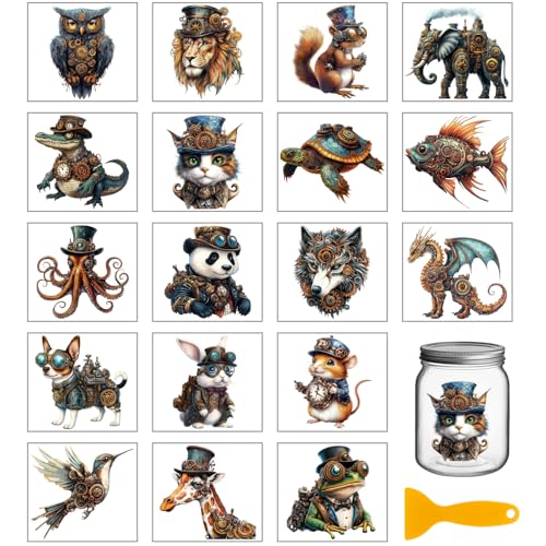 GLOBLELAND 18 Sheets Steampunk Animal Transfer Stickers 3.9x3.6inch Dragon Fish Elephant Colorful Transfer Decal Frog Giraffe Rub on Transfer for Cup Decal Vase Glass Art Crafts Decorations - style: Steampunk Animals