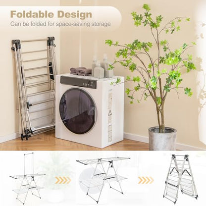 Tangkula Freestanding Foldable Clothes Drying Rack | Tall Hanging Bar & Height Adjustable Gullwing | Stainless Steel | No Assembly |Space-Saving | for Laundry Room Balcony Patio - size: 54" x 25" x 72"