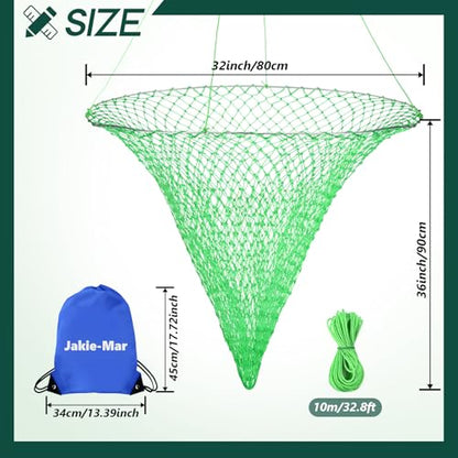 Foldable Drop and Pier Fishing Net, Portable Bridge Net, Foldable Crab Net Bait Shrimp Net with Foldable Bucket Soft Steel Hoop and 32FT Rope Storage Bag