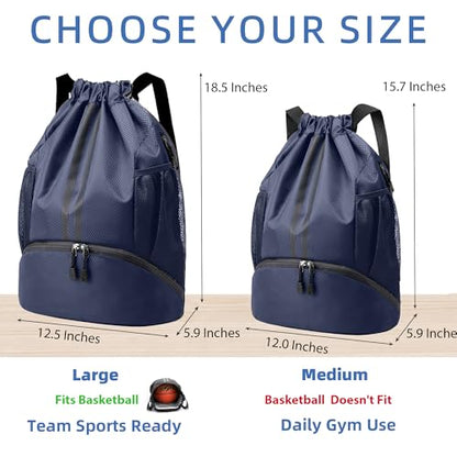 JELUTAR Drawstring Backpack Gym Bag with Shoes Pocket, Navy Blue - color: Navy Blue, size: Medium