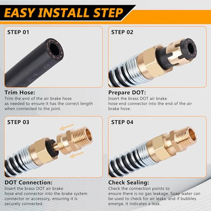 Air Brake Hose End Fitting, DOT Brass 1/2” Hose x 3/8” Male Connector with Spring Guard, Air Brake Line Fittings - 8 Pack Brake Repair End Fitting & 8 Pack Sleeve Tubes - size: 1/2" Hose X 3/8" Male, style: 16PCS KIT