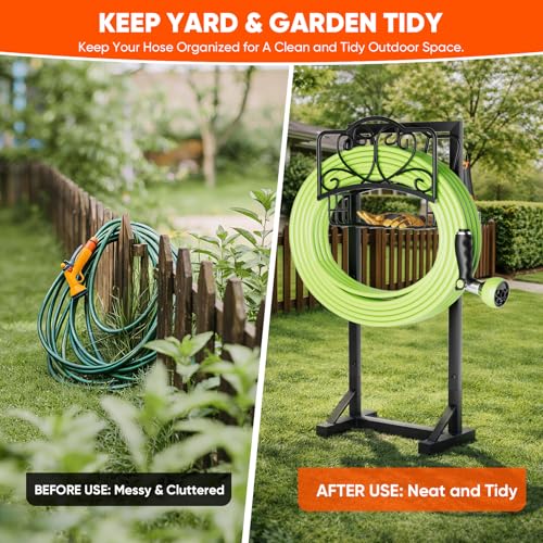 Stable Garden Hose Holder with Storage Basket and Tool Hooks, Heavy-Duty Garden Hose Storage Metal Hose Hanger Holds 160Ft, Rustproof Freestanding Water Hose Holder for Outside,Yard,Lawn,Farm - color: Black