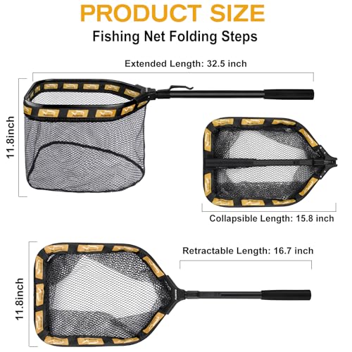 PLUSINNO Floating Fishing Net for Steelhead, Salmon, Fly, Kayak, Catfish, Bass, Trout Fishing, Rubber Coated Foldable Landing Net with Fixed or Telescoping Pole Handle, Fishing Gear and Gifts for Men