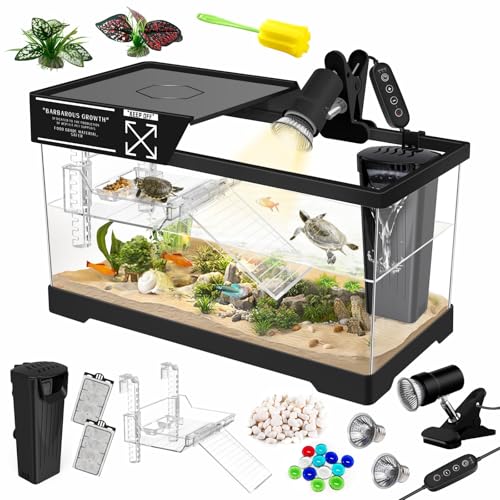 GOZILLA Aquatic Turtle Tank Kit+Lamp+Filter, Upgrade PC Turtle Tank Starter Kit with Adjustable Lamp & Filter,Reptile Habitat with Lid,Hanging Platform for Small Reptiles.(15.75×7.9×9''/Black Kit) - color: Medium-Black-KIT