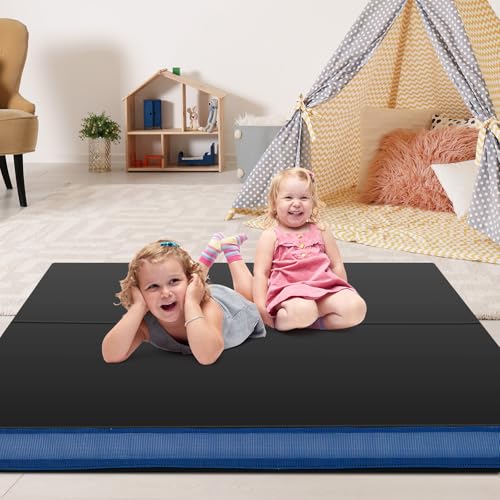 GYMAX 4' x 4' Folding Gymnastics Mat, 4" Thick Bi-Fold Exercise Tumbling Mat w/Carrying Handles, PU Leather Cover, Home Gym Mat for Aerobics Workout, Yoga, Stretching - color: Black