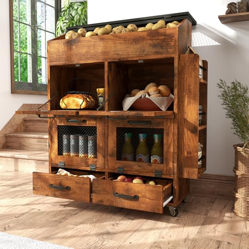 Large Potato and Onion Storage Bin on Wheels, Wood Bread Box w/Lid & Mesh Doors, 4-Tier Rolling Fruit and Vegetable Storage Organizer w/Grocery Section & Side Rack - color: Rustic Brown, size: 31.5"