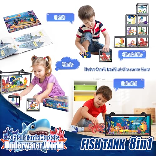AKWME 8 in 1 Fish Tank Building Sets, Marine Aquarium Building Block with LED Light Party Favors 9 Model Toy Including Octopus Crab, Christmas Birthday Gifts for Boys Girls Kids Ages 6 8 10 12+