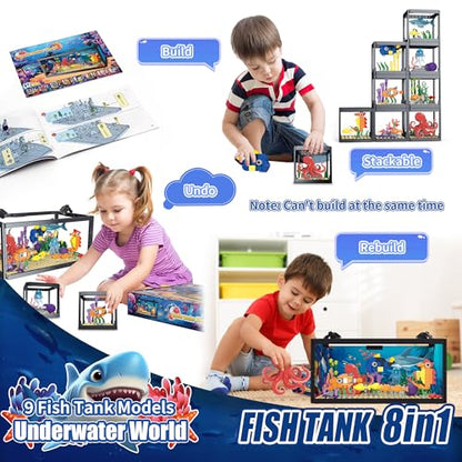 AKWME 8 in 1 Fish Tank Building Sets, Marine Aquarium Building Block with LED Light Party Favors 9 Model Toy Including Octopus Crab, Christmas Birthday Gifts for Boys Girls Kids Ages 6 8 10 12+