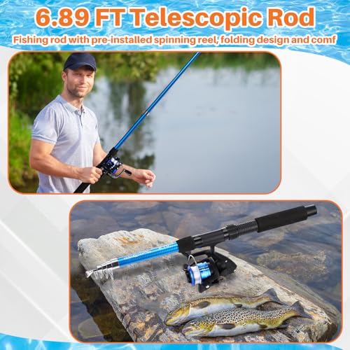 Telescopic Fishing Rod and Reel Combo, 6.89ft 2pcs Collapsible Rod with Plier Lip Gripper Lures Carrier Bag Pre-Loaded Spinning Reel Saltwater Freshwater Fishing Pole Kit