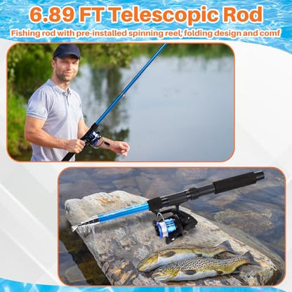 Telescopic Fishing Rod and Reel Combo, 6.89ft 2pcs Collapsible Rod with Plier Lip Gripper Lures Carrier Bag Pre-Loaded Spinning Reel Saltwater Freshwater Fishing Pole Kit