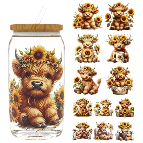 UV DTF Cup Wrap for 16oz Glass, 12 Sheets Highland Cattle Waterproof Rub On Transfers, UV DTF Decals Stickers for Tumbler Water Bottle
