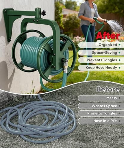 Rotating 360° Garden Hose Reel, Wall Mounted Hose Reel Holder Holds 165ft of 5/8'' Hose, Outdoor Heavy Duty Metal Water Hose Organizer Storage Rack with 3.9ft Leader Hose for Outside, Green
